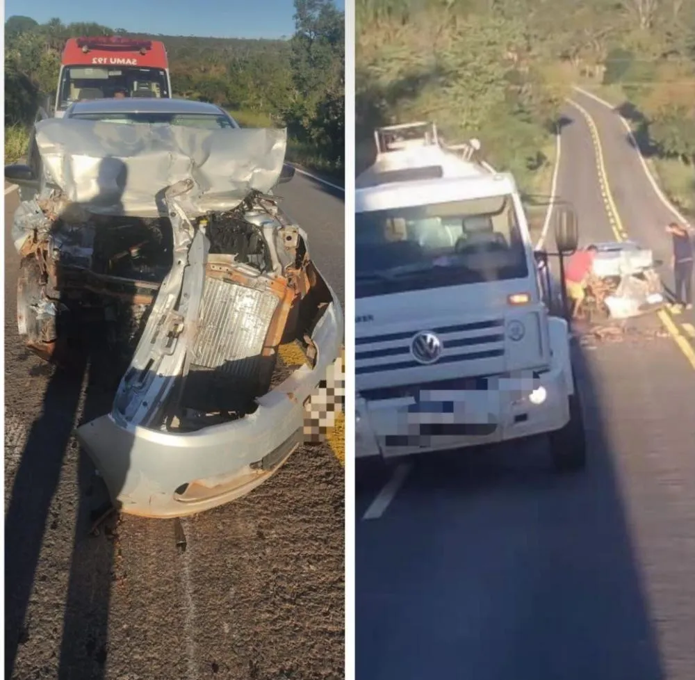 Casal fica ferido após colisão entre carro e caminhão na MGC-135, em Patis