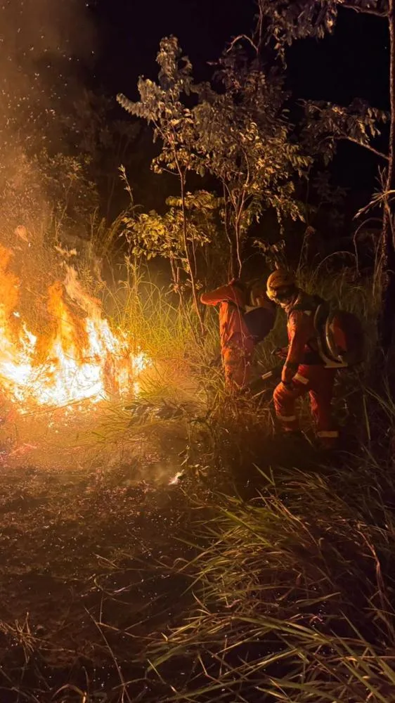 Corpo de Bombeiros combate incêndio florestal próximo ao lixão de Unaí,MG