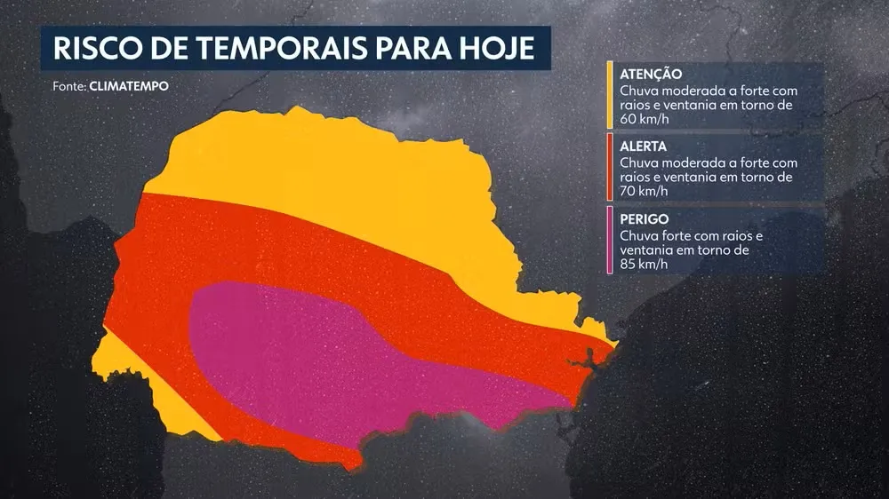 Paraná entra em alerta para tempestades com risco de ventos de até 85 km/h nesta segunda-feira